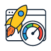Ilustración minimalista con un cohete y un velocímetro que simbolizan la rapidez y rendimiento de una página web. Ideal para posts o guías sobre optimización y SEO técnico.