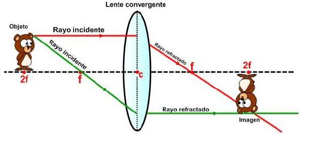 Trayectoria de los rayos de luz en las lentes convergentes