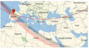 Eclipse de Salamanca de 29 de julio de 1478. El trazo oscuro muestra la trayectoria probable de la zona de umbra