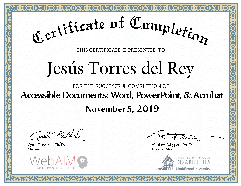 Certificado de curso completado, 5 de noviembre de 2019