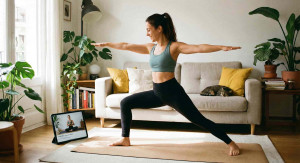 Mujer practicango yoga con una app
